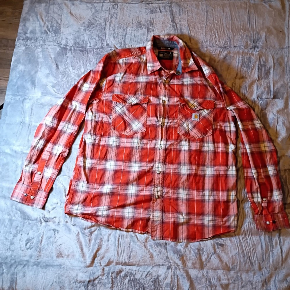 Carhartt‎ Mens Rugged Flex Relaxed Fit Red Plaid Flannel Button Down Shirt Large
